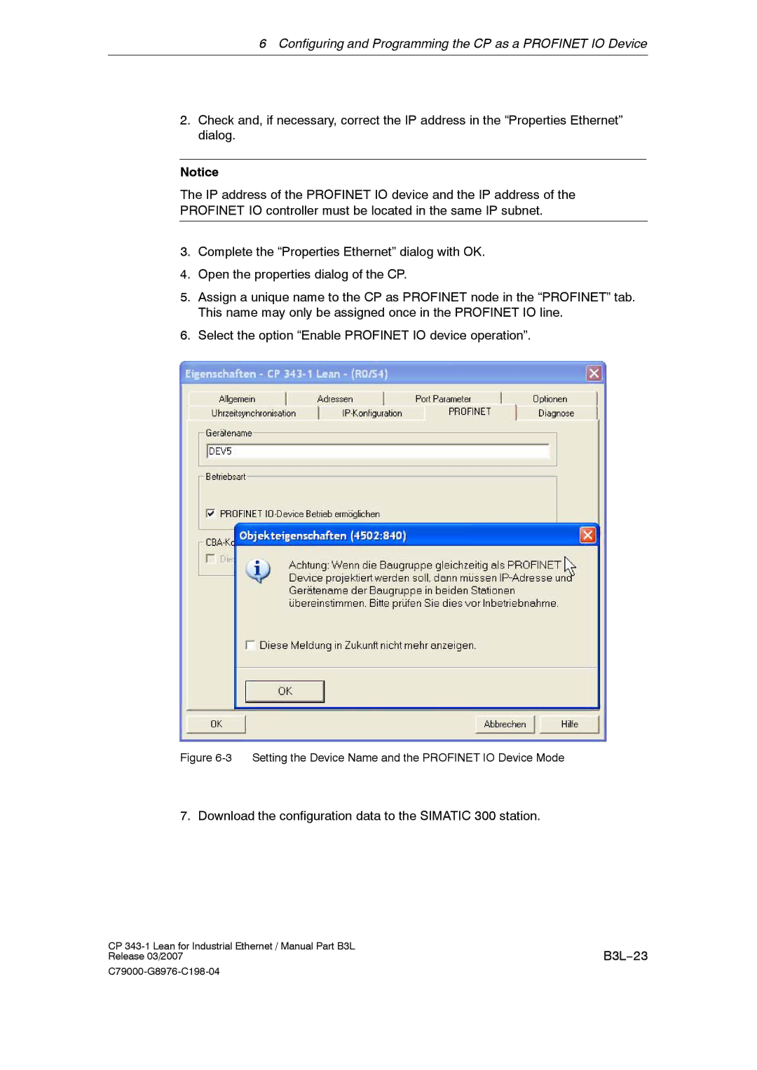 Siemens CP 343-1 manual Download the configuration data to the Simatic 300 station, B3L−23 