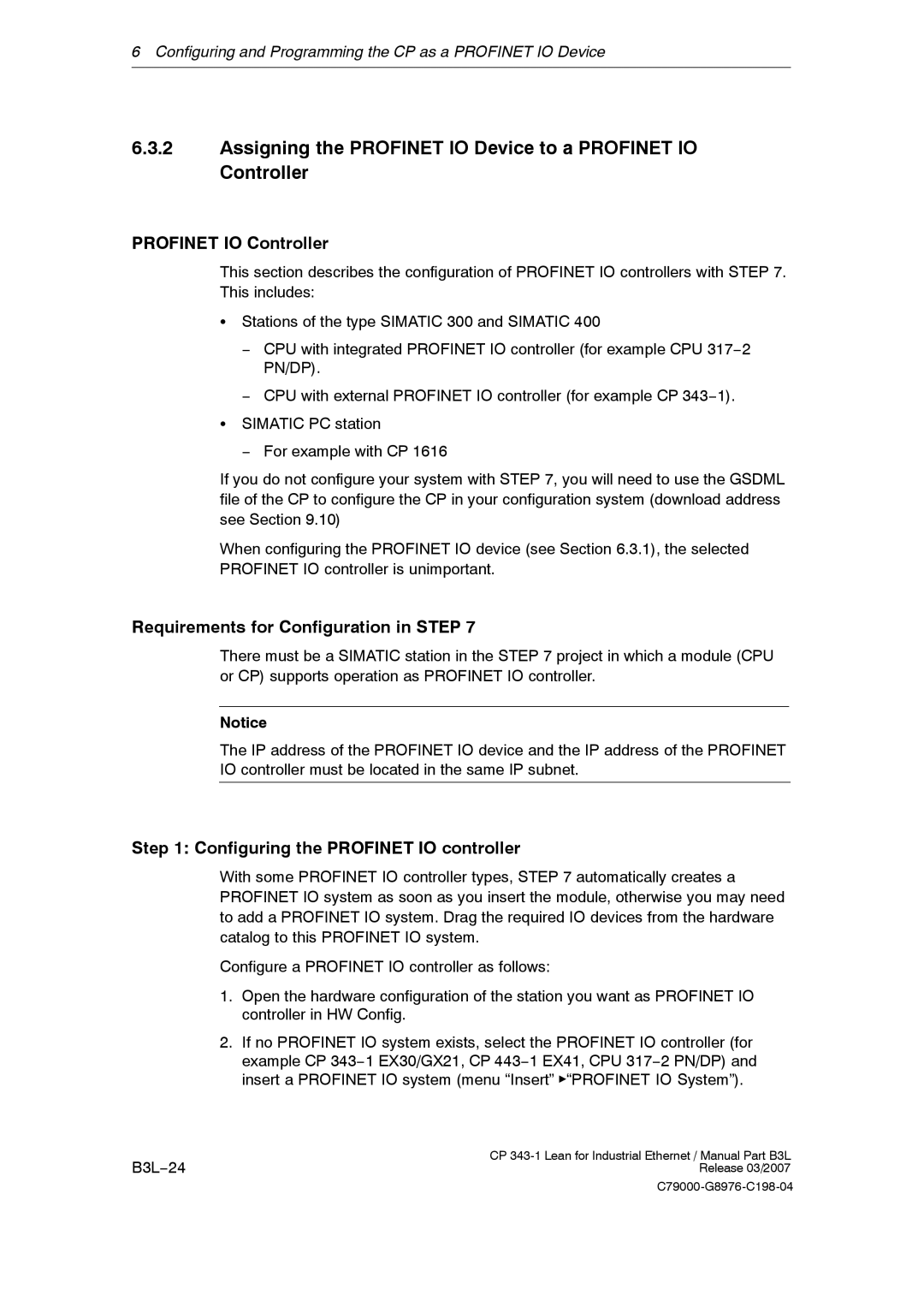 Siemens CP 343-1 Profinet IO Controller, Requirements for Configuration in Step, Configuring the Profinet IO controller 