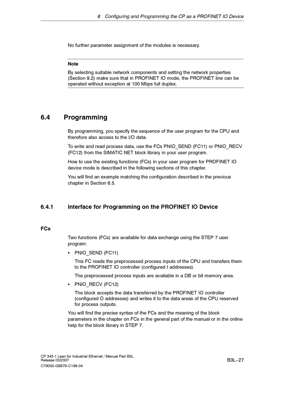 Siemens CP 343-1 manual Interface for Programming on the Profinet IO Device, FCs 