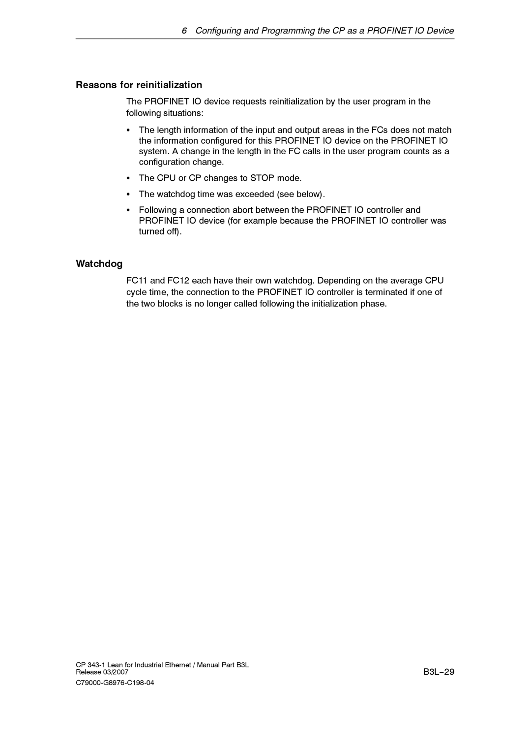 Siemens CP 343-1 manual Reasons for reinitialization, Watchdog, B3L−29 