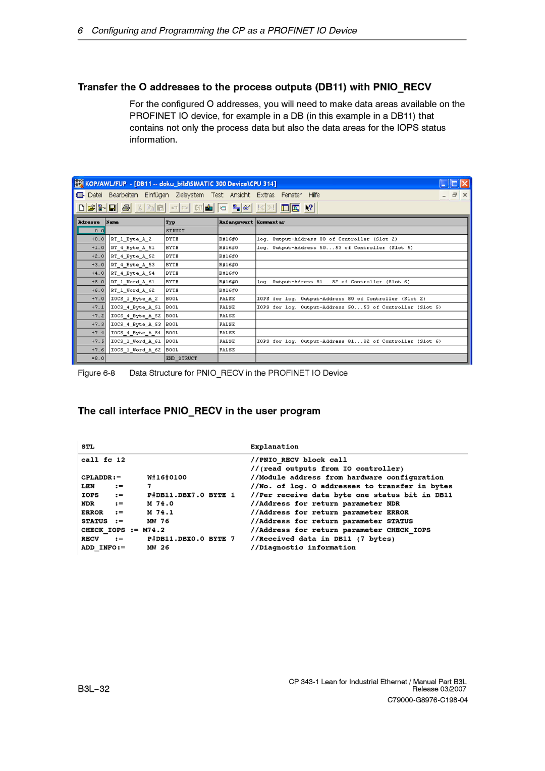 Siemens CP 343-1 manual Call interface Pniorecv in the user program, B3L−32 