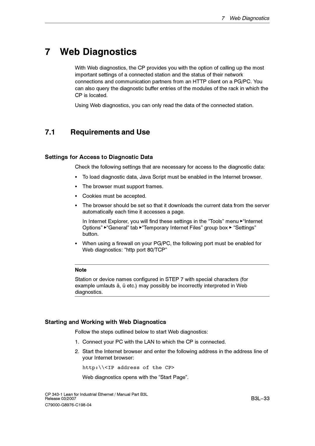 Siemens CP 343-1 manual Web Diagnostics, Requirements and Use, Settings for Access to Diagnostic Data 