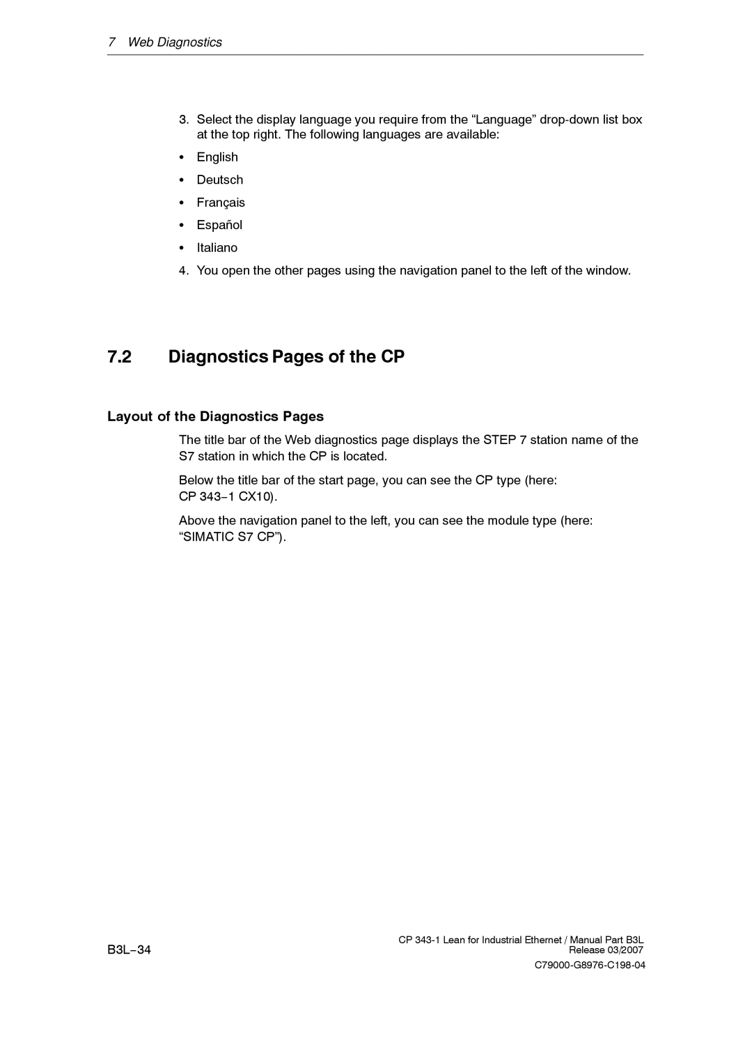 Siemens CP 343-1 manual Diagnostics Pages of the CP, Layout of the Diagnostics Pages 