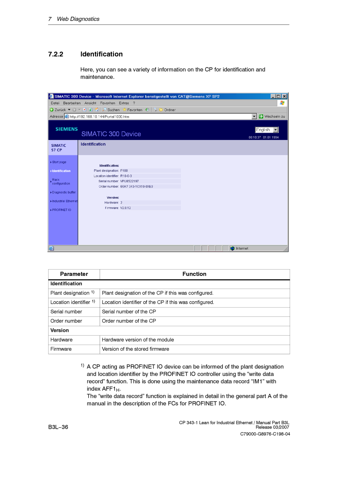 Siemens CP 343-1 manual Identification, Parameter, Version 