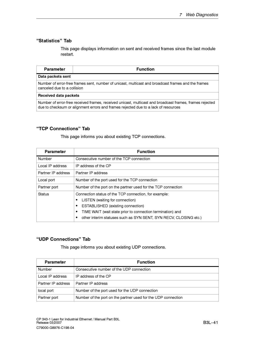 Siemens CP 343-1 manual Statistics Tab, TCP Connections Tab, UDP Connections Tab 