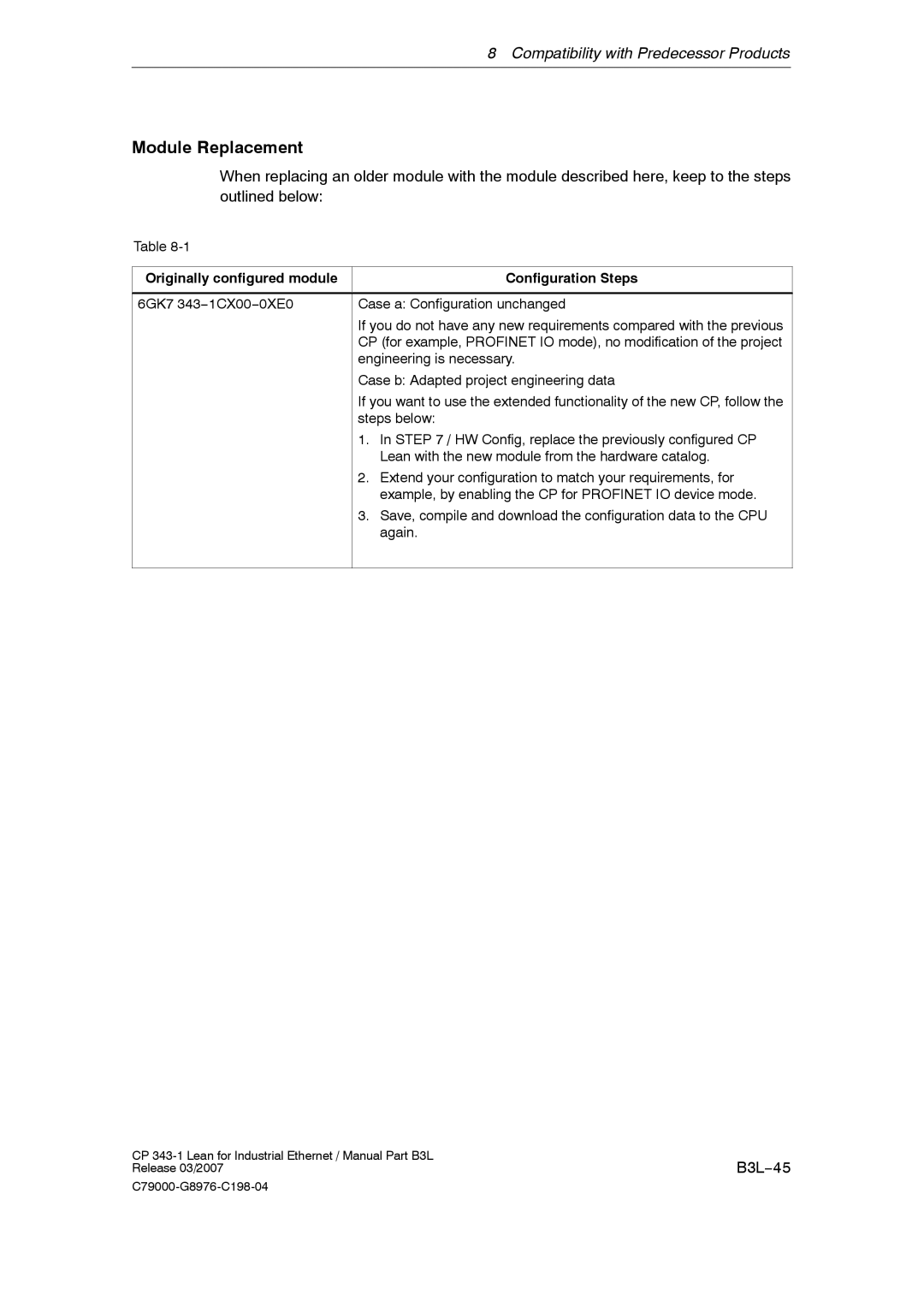 Siemens CP 343-1 manual Module Replacement, B3L−45, Originally configured module Configuration Steps 