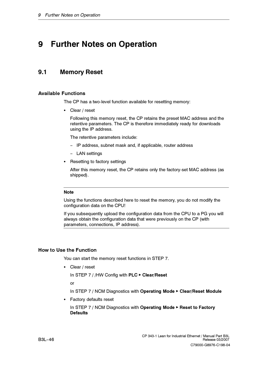 Siemens CP 343-1 manual Further Notes on Operation, Memory Reset, Available Functions, How to Use the Function, Defaults 