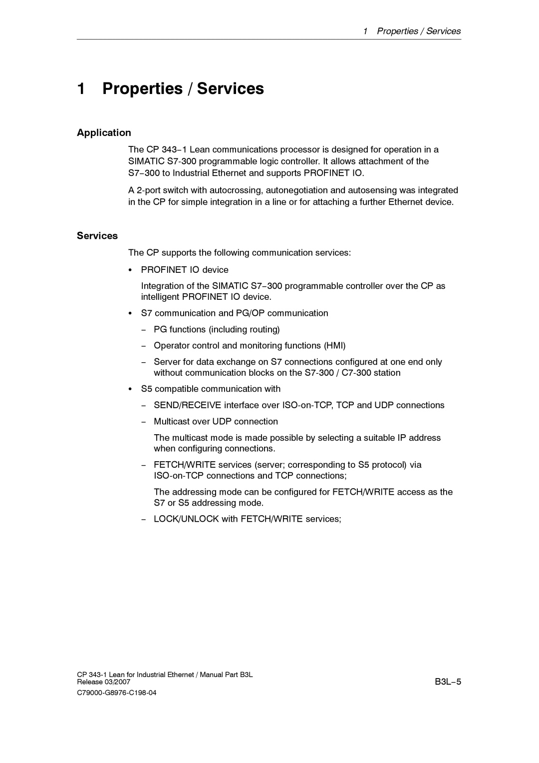 Siemens CP 343-1 manual Properties / Services, Application, B3L−5 