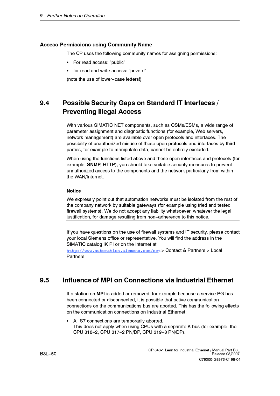 Siemens CP 343-1 manual Influence of MPI on Connections via Industrial Ethernet, Access Permissions using Community Name 