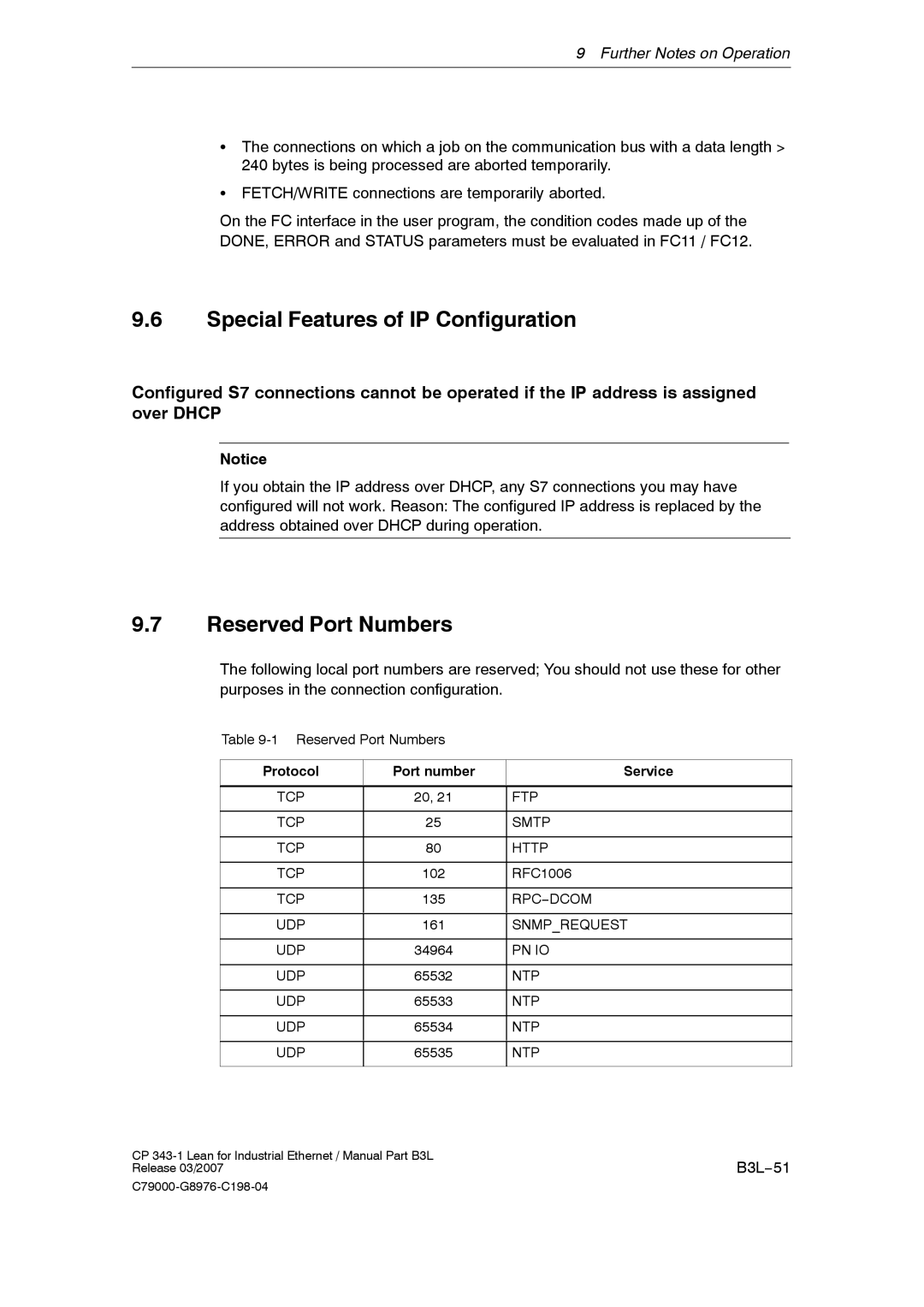 Siemens CP 343-1 manual Special Features of IP Configuration, Reserved Port Numbers, Protocol Port number Service 