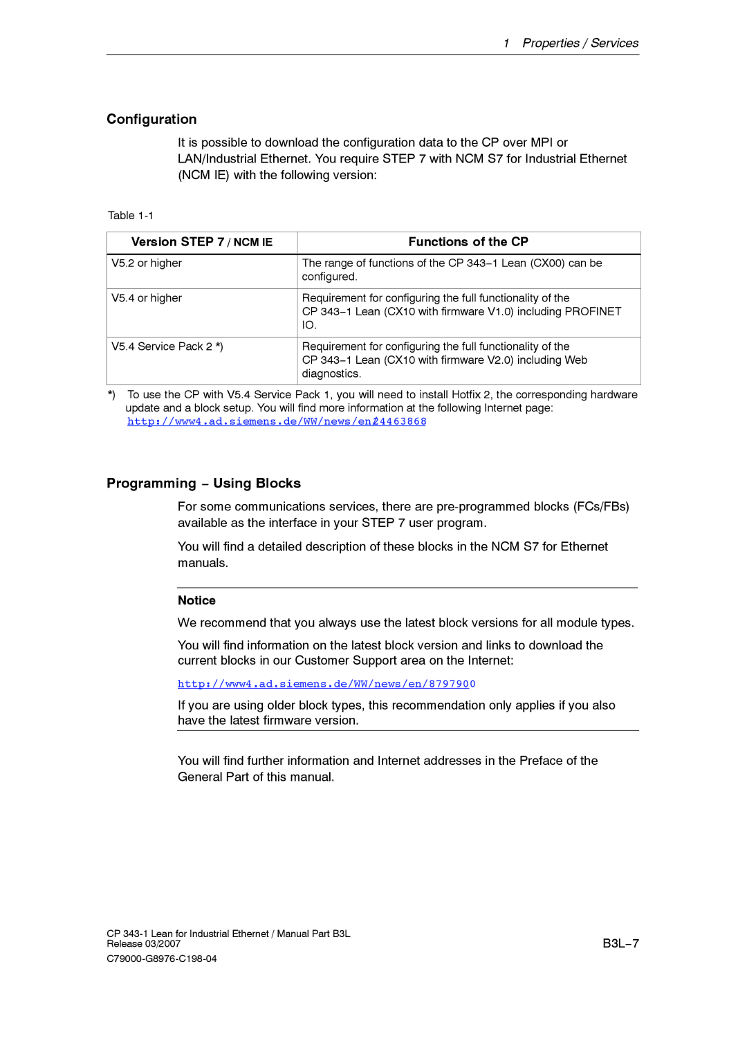 Siemens CP 343-1 manual Configuration, Programming − Using Blocks, Version / NCM IE Functions of the CP, B3L−7 