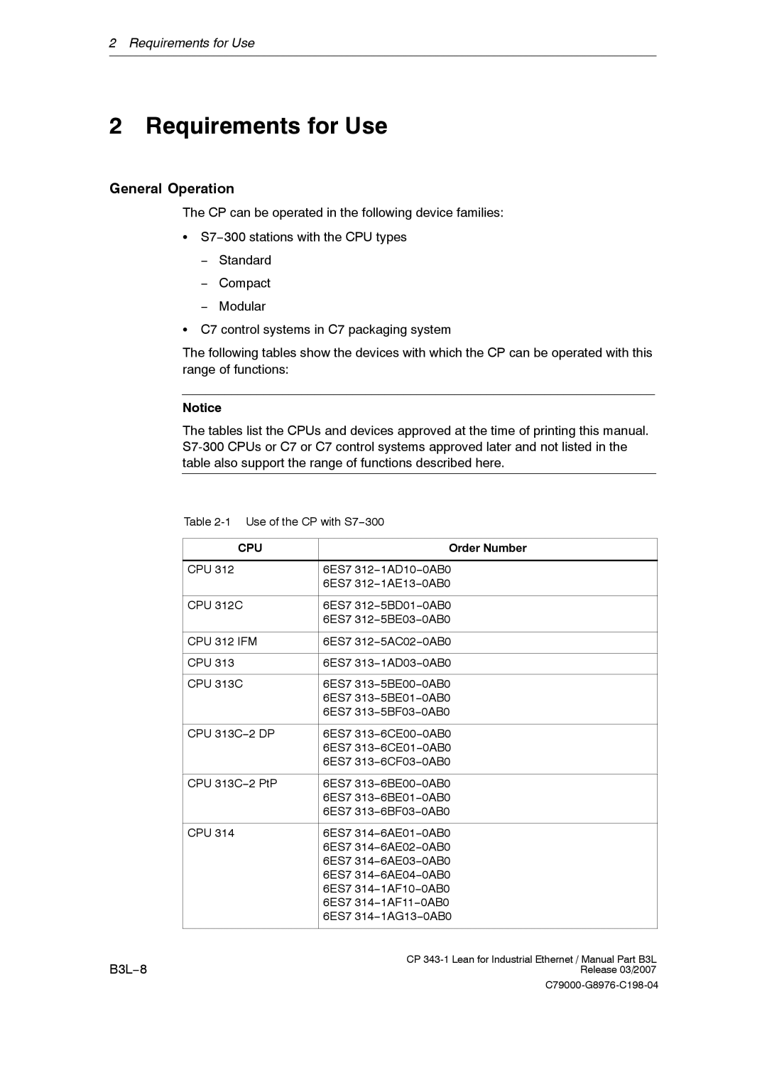 Siemens CP 343-1 manual Requirements for Use, General Operation, B3L−8, Order Number 