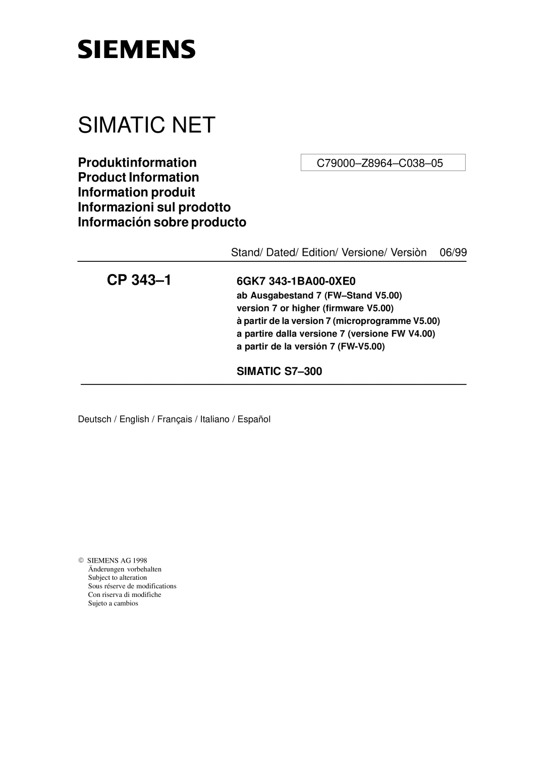 Siemens CP 343-1 manual Produktinformation, Stand/ Dated/ Edition/ Versione/ Versiòn 06/99, 6GK7 343-1BA00-0XE0 