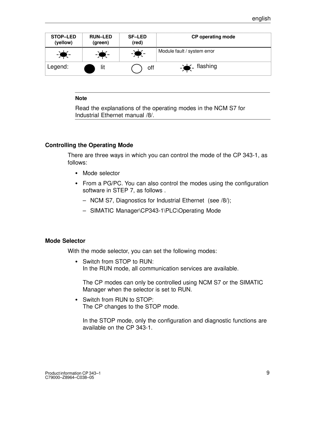 Siemens CP 343-1 manual Controlling the Operating Mode, Mode Selector 