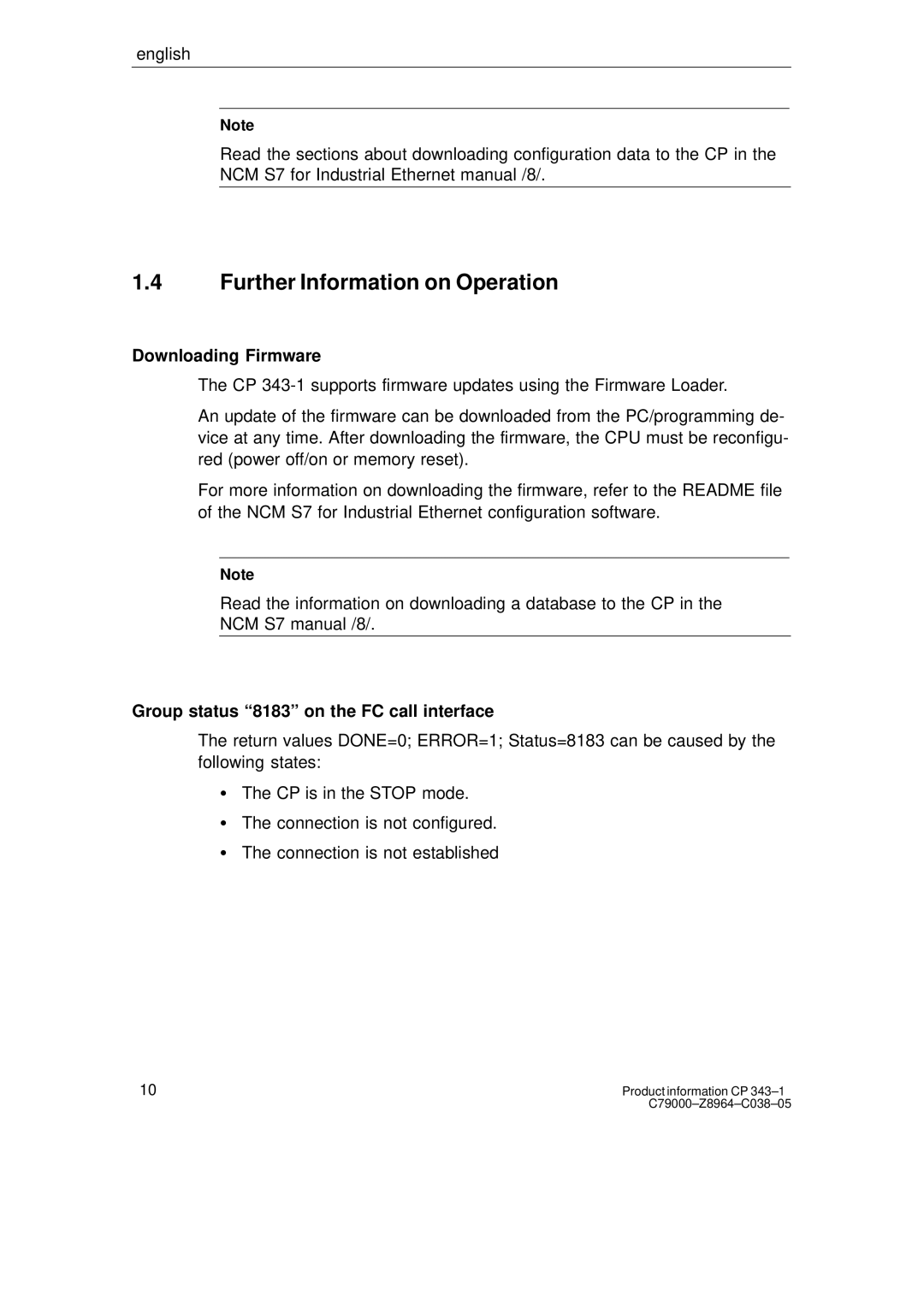 Siemens CP 343-1 manual Further Information on Operation, Downloading Firmware, Group status 8183 on the FC call interface 