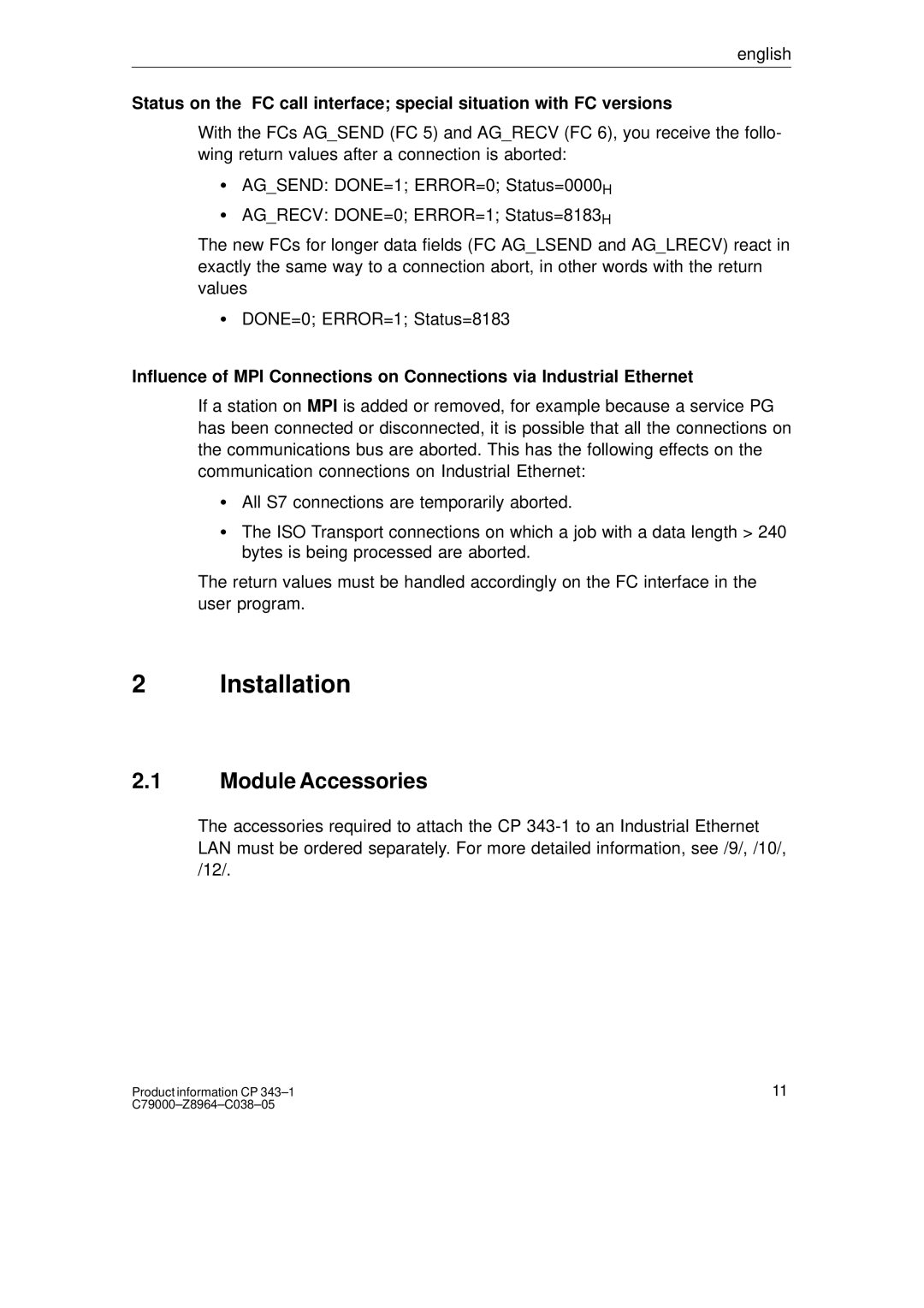 Siemens CP 343-1 manual Installation, Module Accessories 