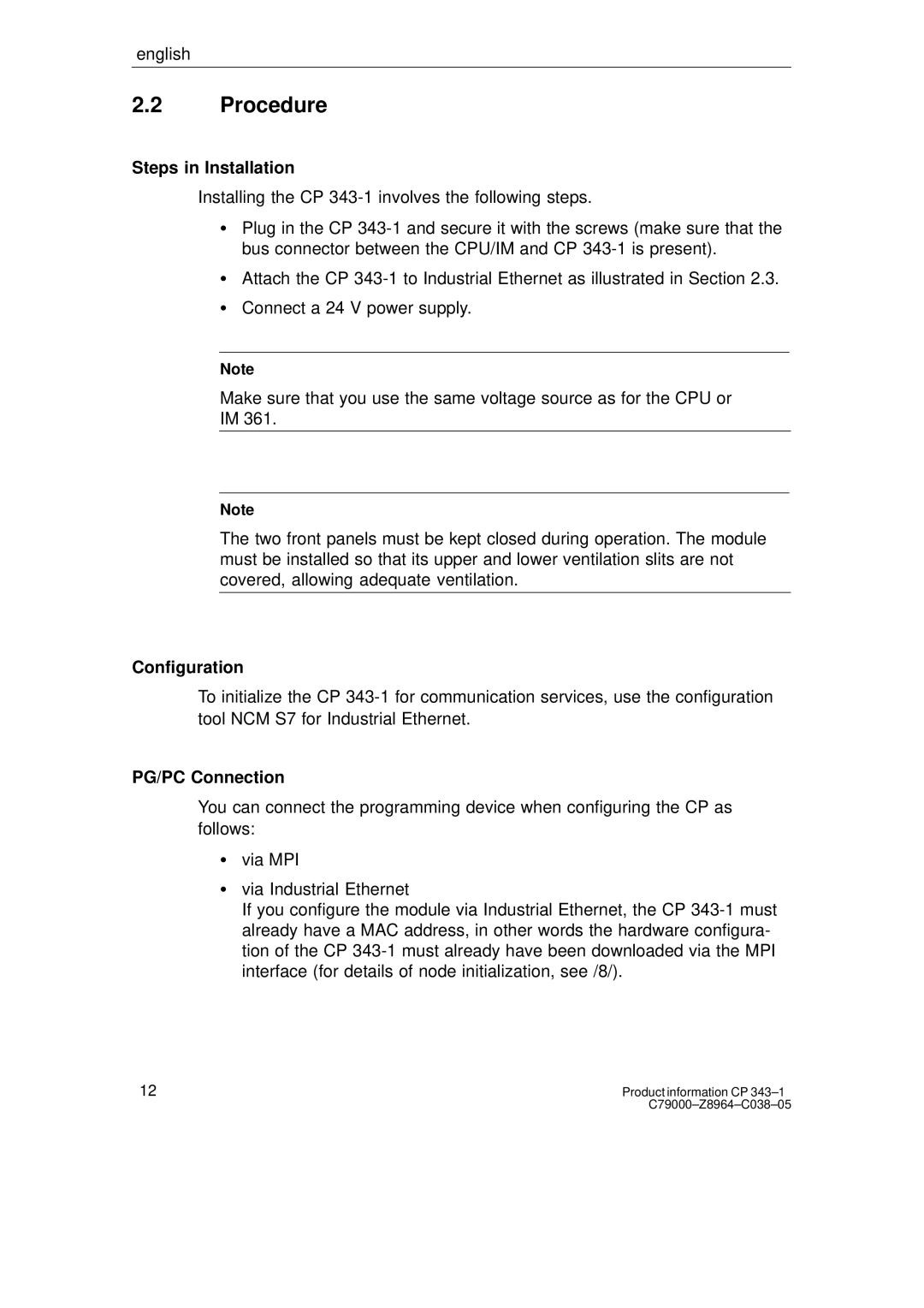 Siemens CP 343-1 manual Procedure, Steps in Installation, PG/PC Connection 