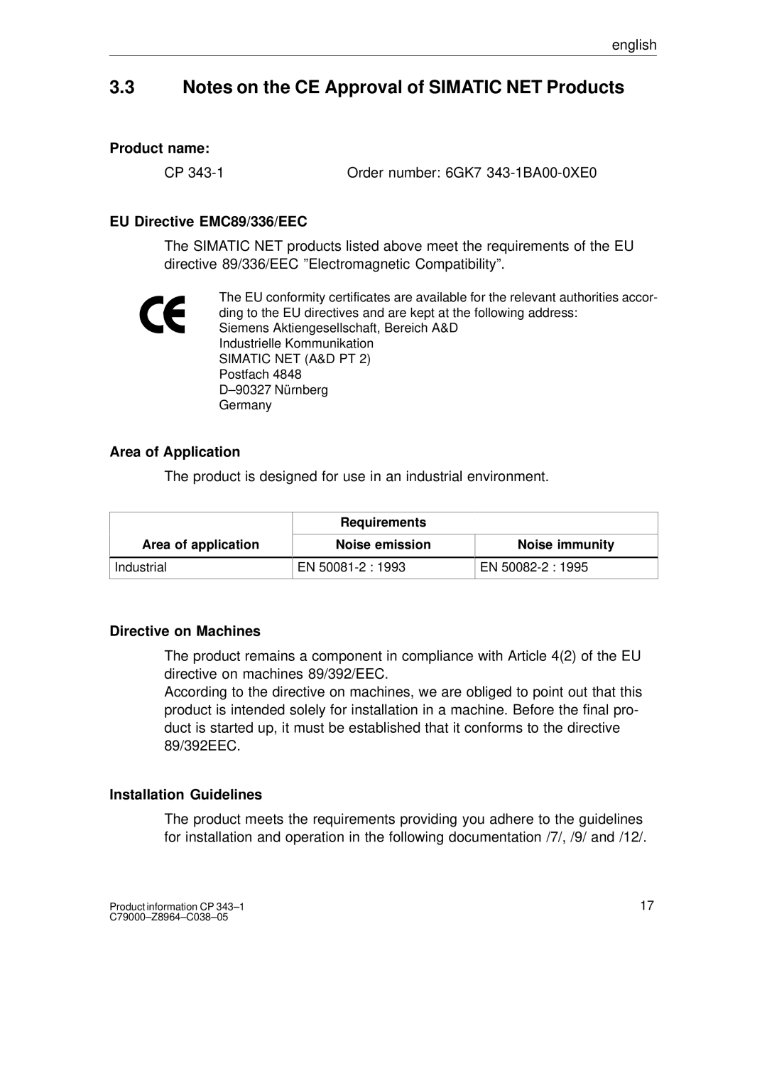 Siemens CP 343-1 manual Product name, EU Directive EMC89/336/EEC, Area of Application, Directive on Machines 