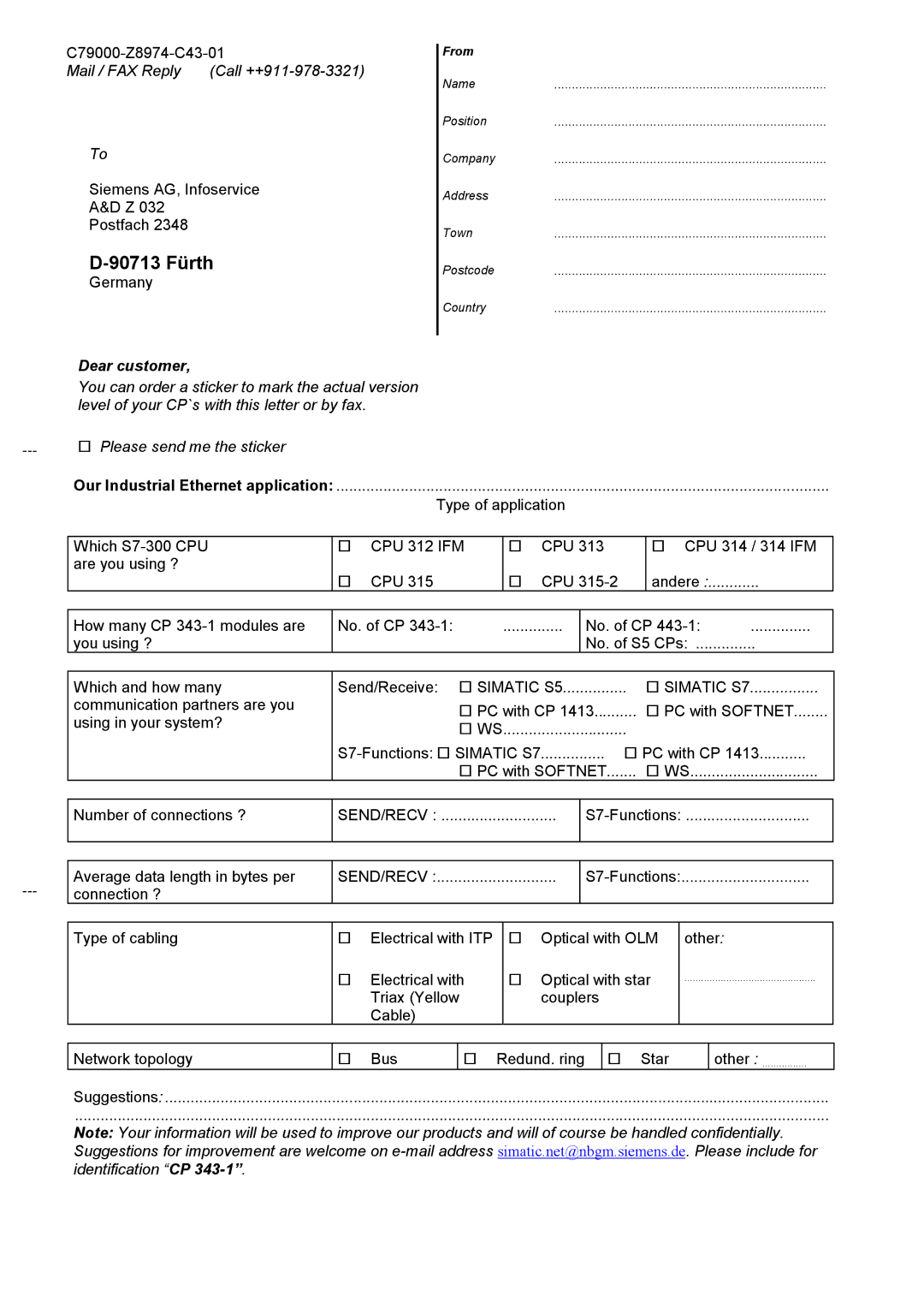 Siemens CP 343-1 manual 90713 Fürth, Dear customer 