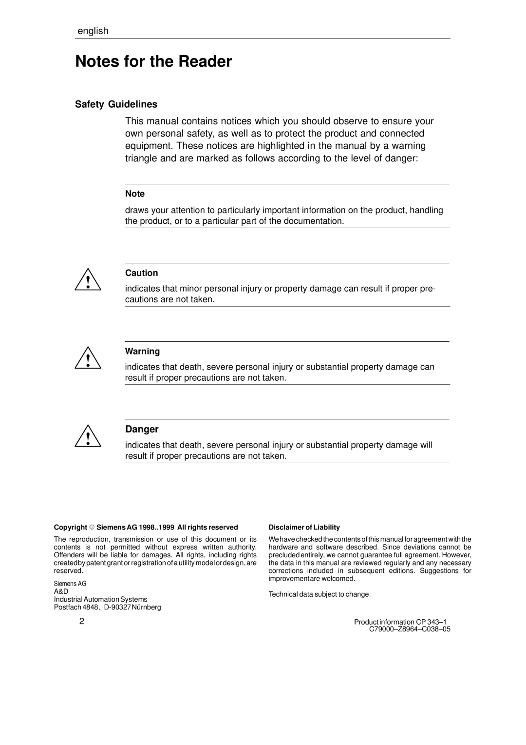 Siemens CP 343-1 manual Safety Guidelines, Copyright E Siemens AG 1998..1999 All rights reserved 