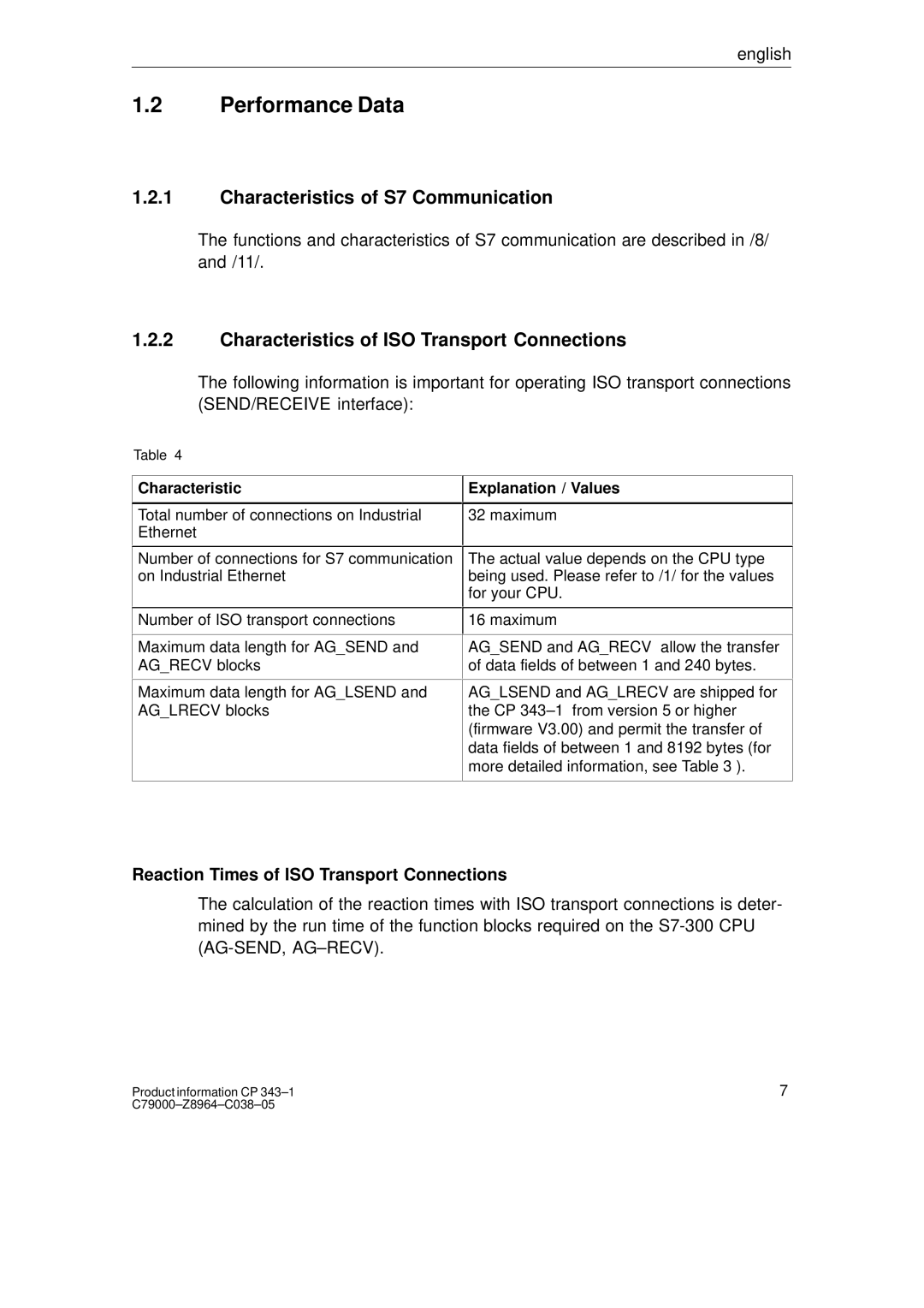 Siemens CP 343-1 manual Performance Data, Characteristics of S7 Communication, Characteristics of ISO Transport Connections 