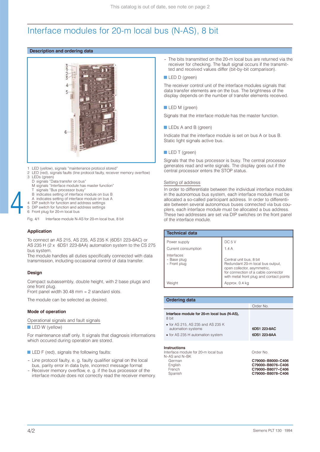 Siemens CS 275 manual Interface modules for 20-m local bus N-AS, 8 bit 