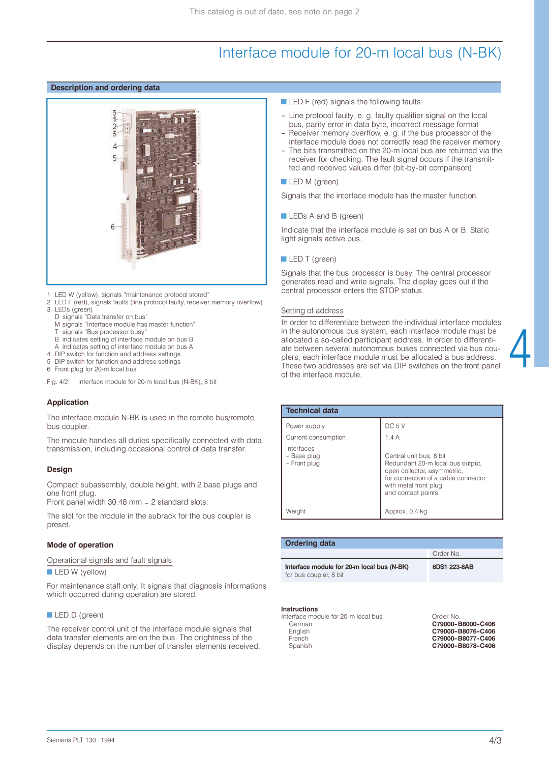 Siemens CS 275 manual Interface module for 20-m local bus N-BK 6DS1 223-8AB 