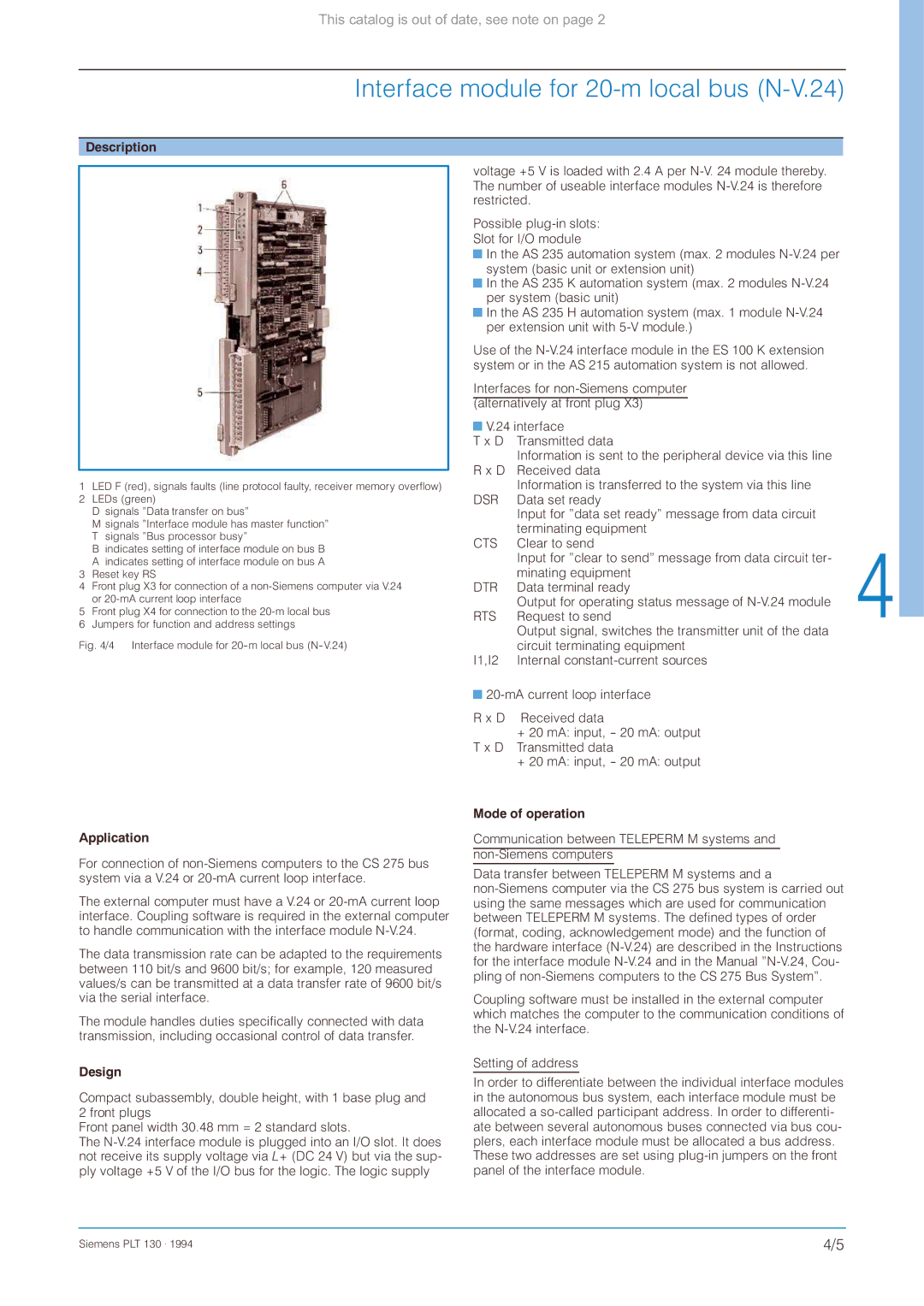 Siemens CS 275 manual Interface module for 20-m local bus N-V.24, Description 