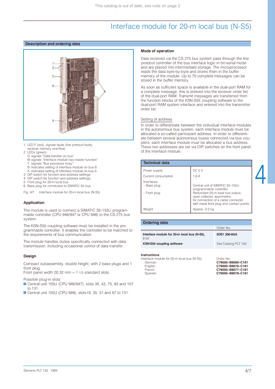 Siemens CS 275 manual Interface module for 20-m local bus N-S5 