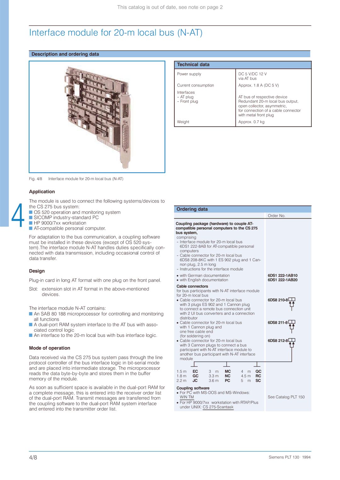 Siemens CS 275 manual Interface module for 20-m local bus N-AT, Description and ordering data Technical data 