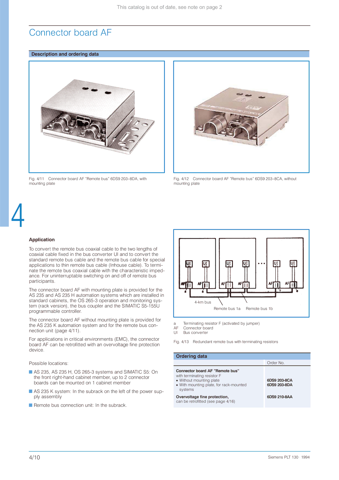 Siemens CS 275 manual Connector board AF, Redundant remote bus with terminating resistors 