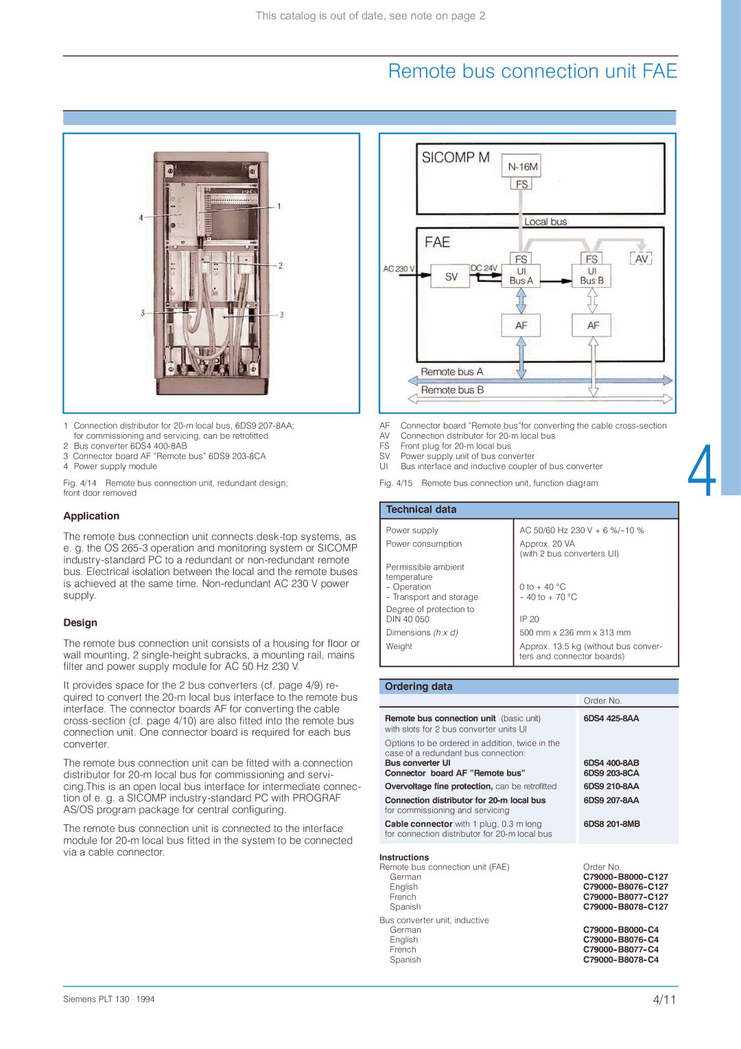 Siemens CS 275 manual Remote bus connection unit FAE 