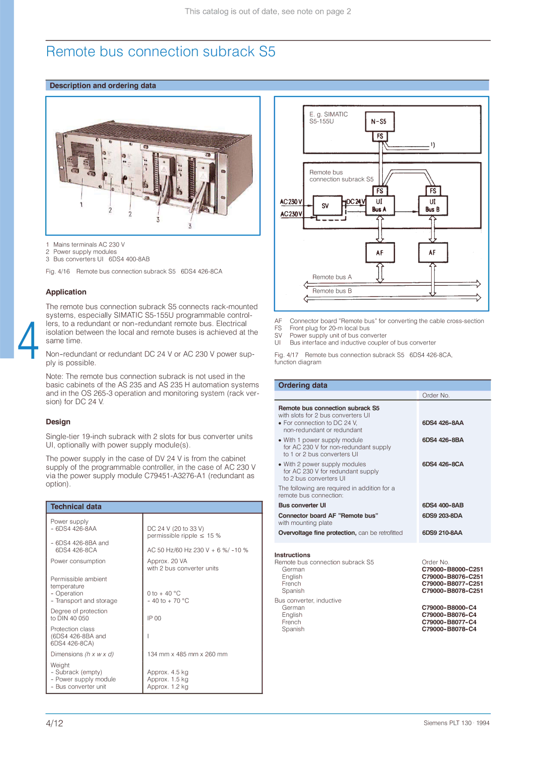 Siemens CS 275 manual Remote bus connection subrack S5 