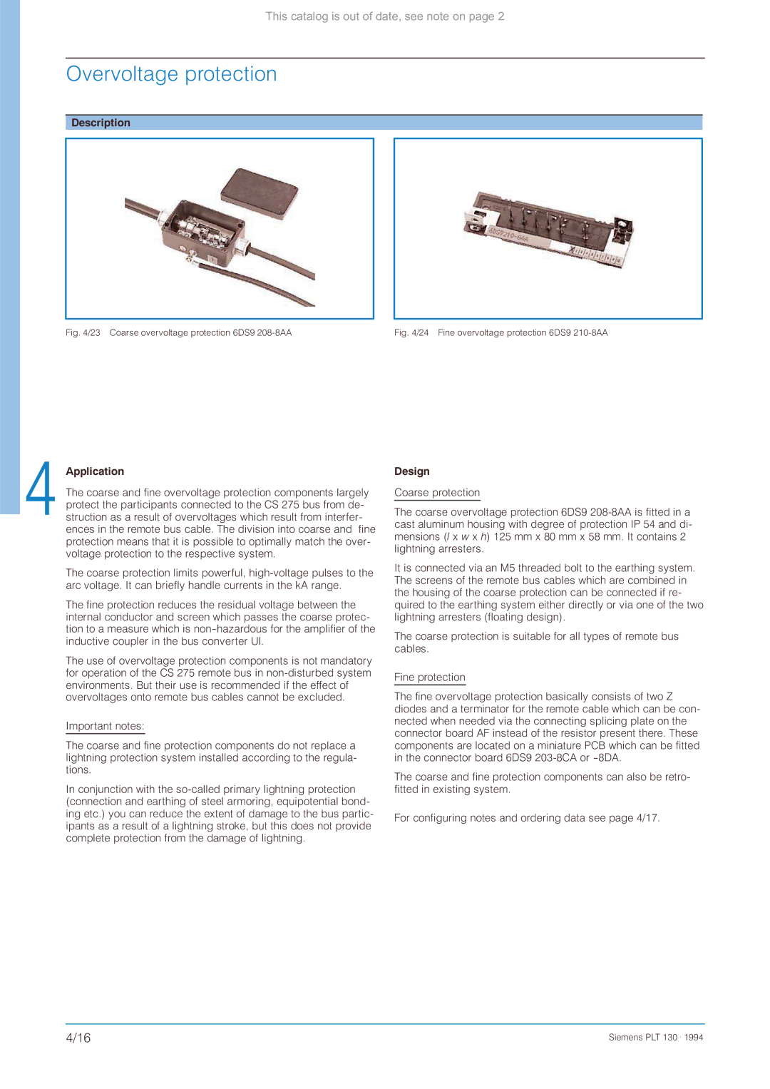 Siemens CS 275 manual Overvoltage protection, Coarse overvoltage protection 6DS9 208-8AA 