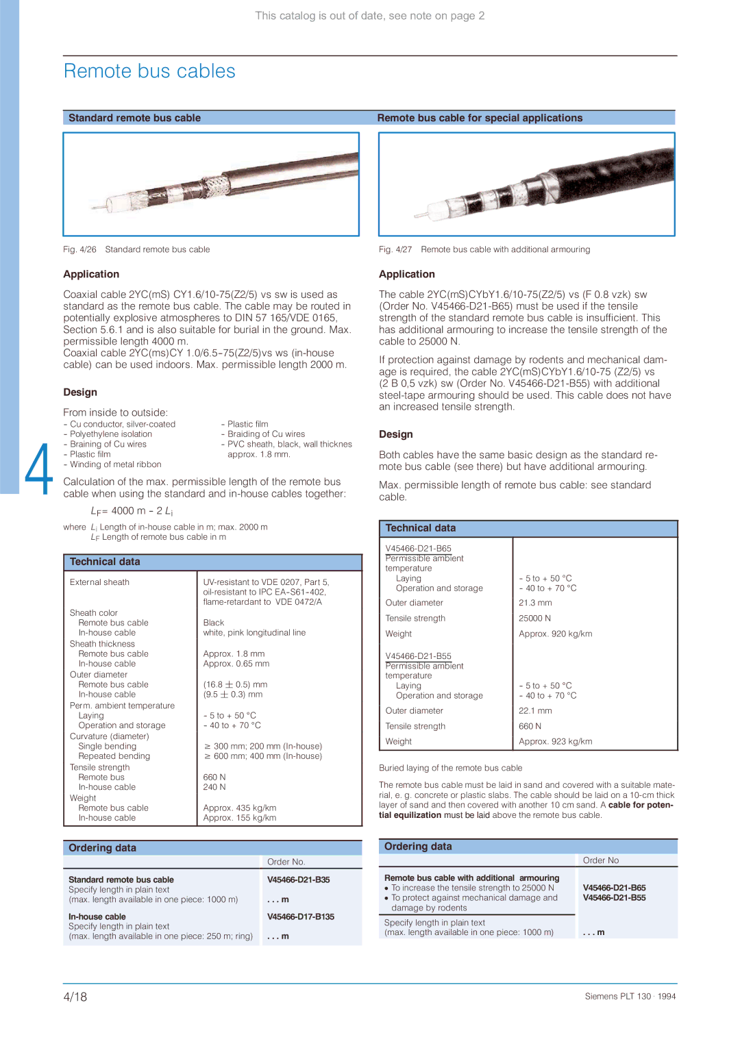 Siemens CS 275 manual Remote bus cables, Remote bus cable with additional armouring V45466-D21-B65, V45466-D21-B55 