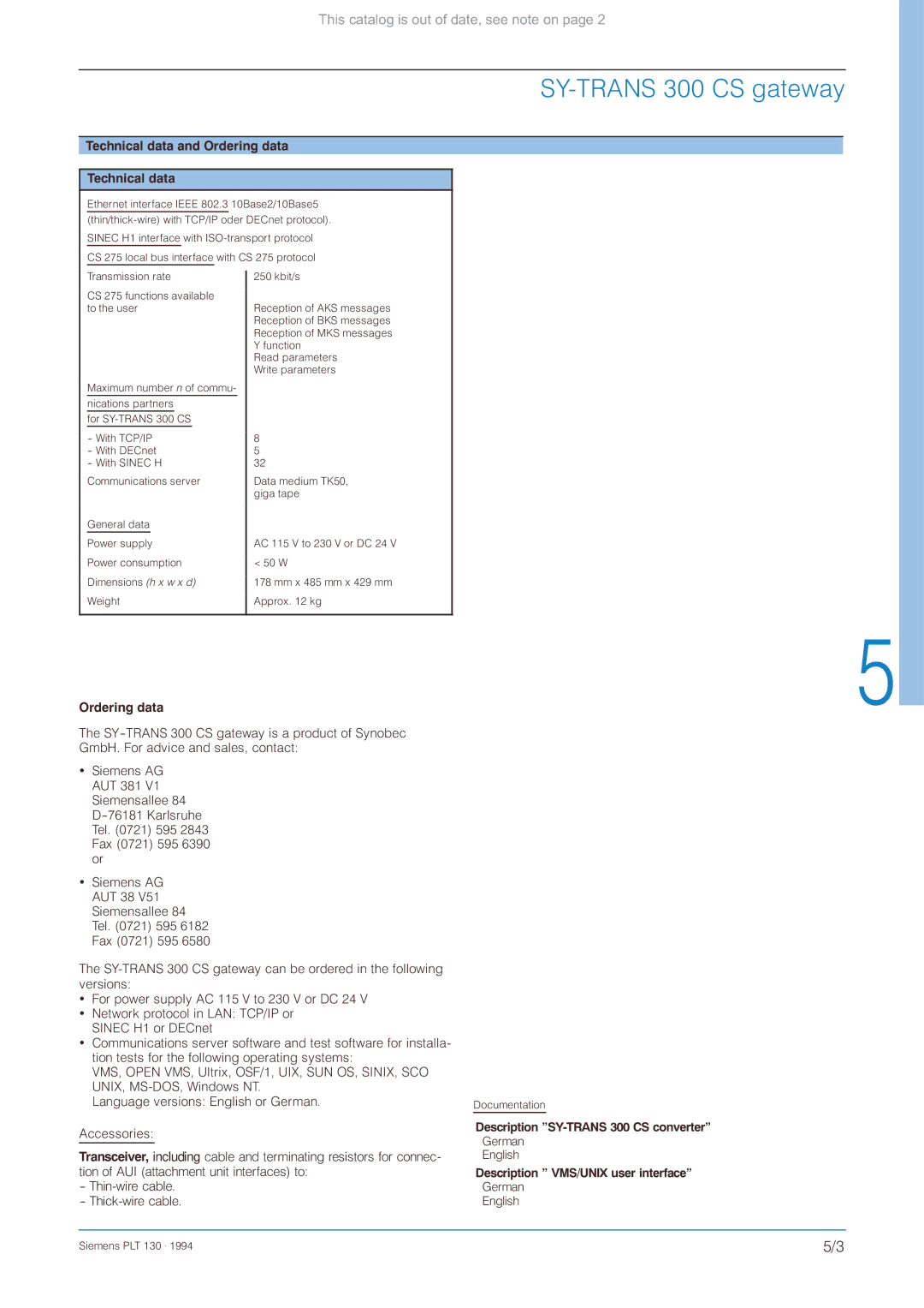 Siemens CS 275 manual Description SY-TRANS 300 CS converter German, Description VMS/UNIX user interface 