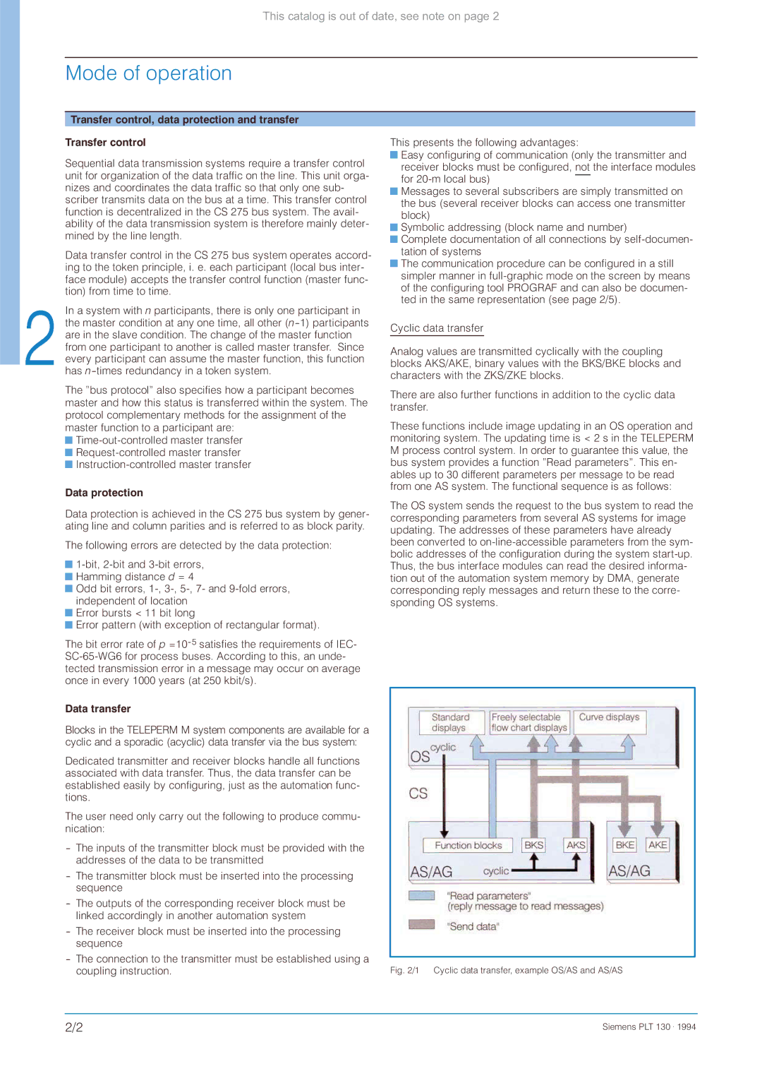 Siemens CS 275 manual Mode of operation, Transfer control, data protection and transfer, Data protection, Data transfer 