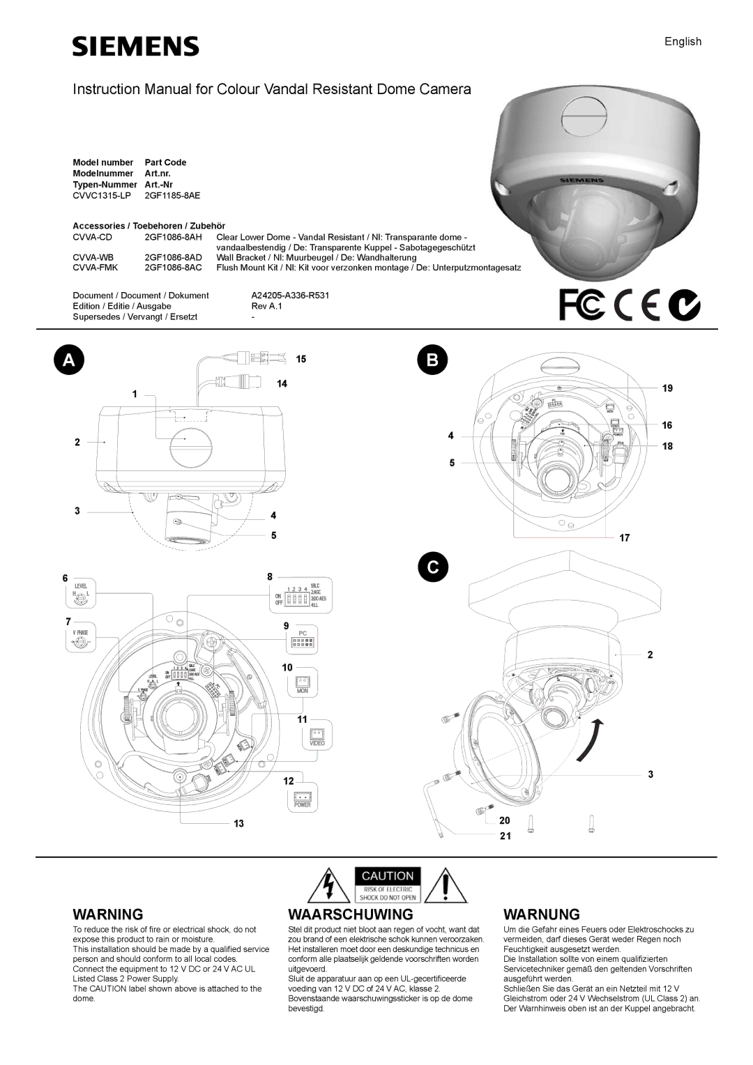 Siemens CVVS1415-LP instruction manual Waarschuwing 