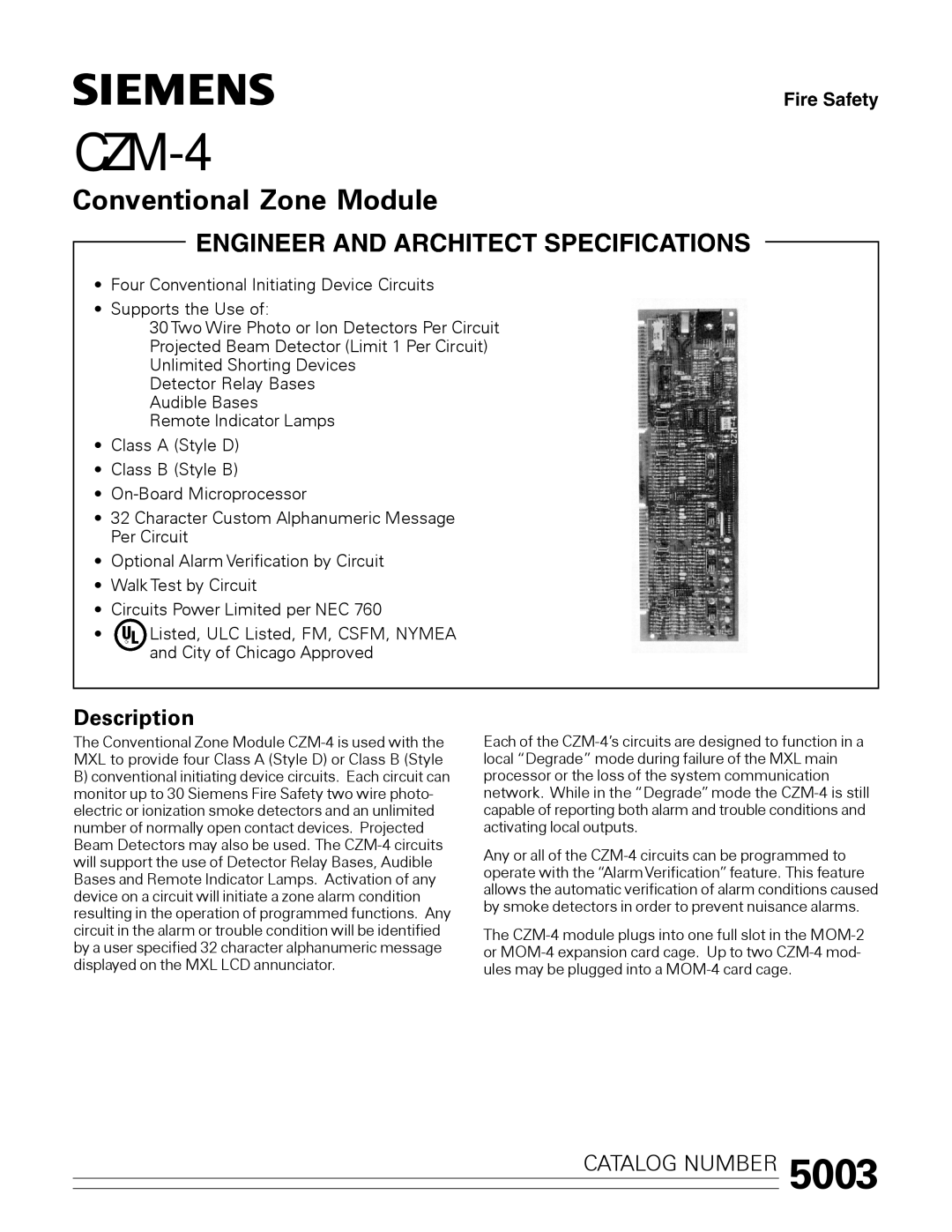 Siemens CZM-4 manual Conventional Zone Module, Description 