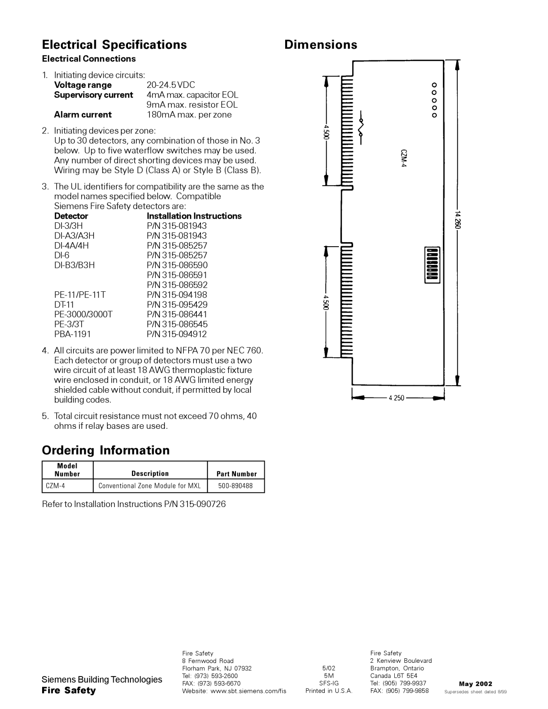 Siemens CZM-4 manual Electrical Specifications, Ordering Information, Dimensions 