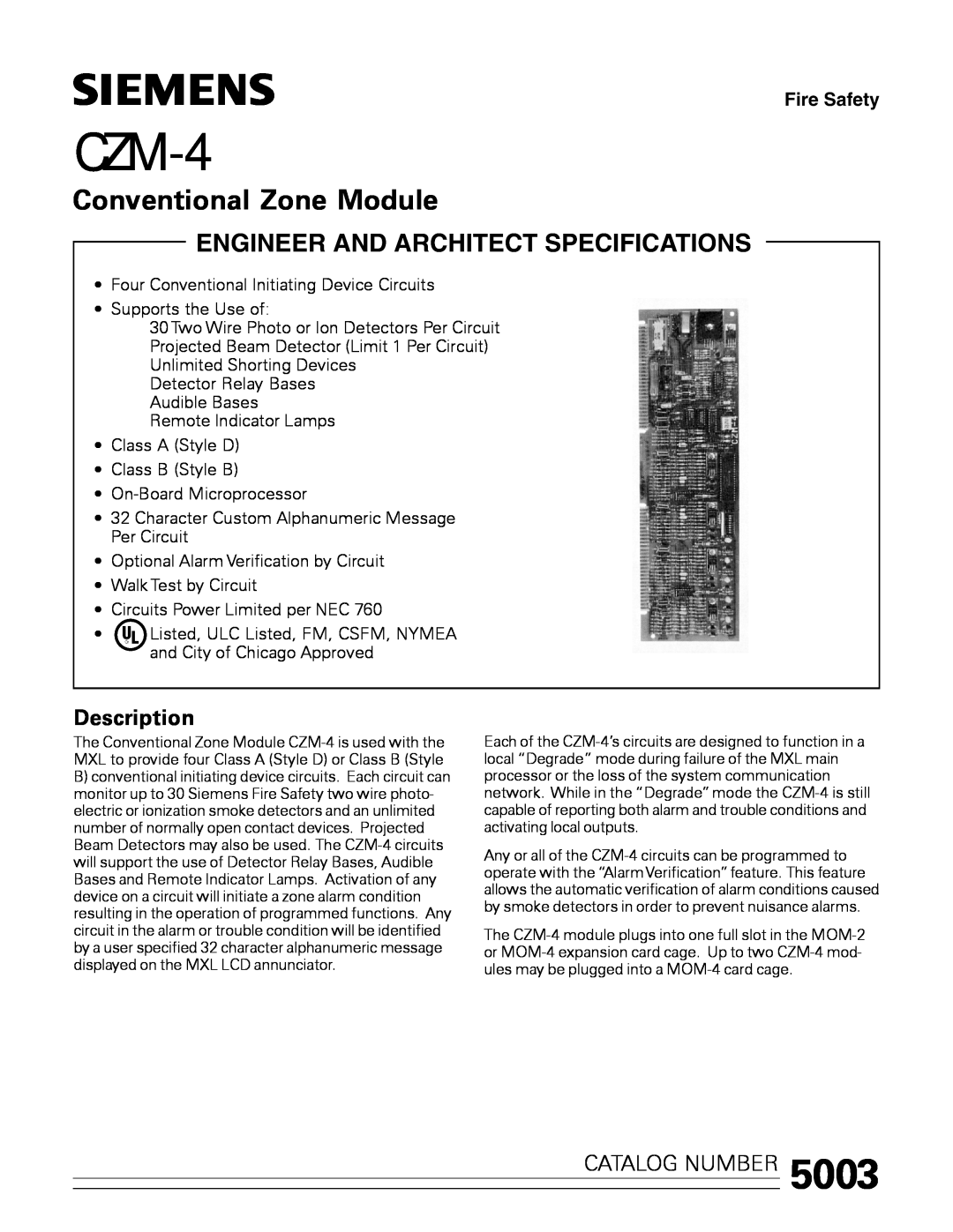 Siemens CZM-4 manual Description, Conventional Zone Module, Catalog Number 