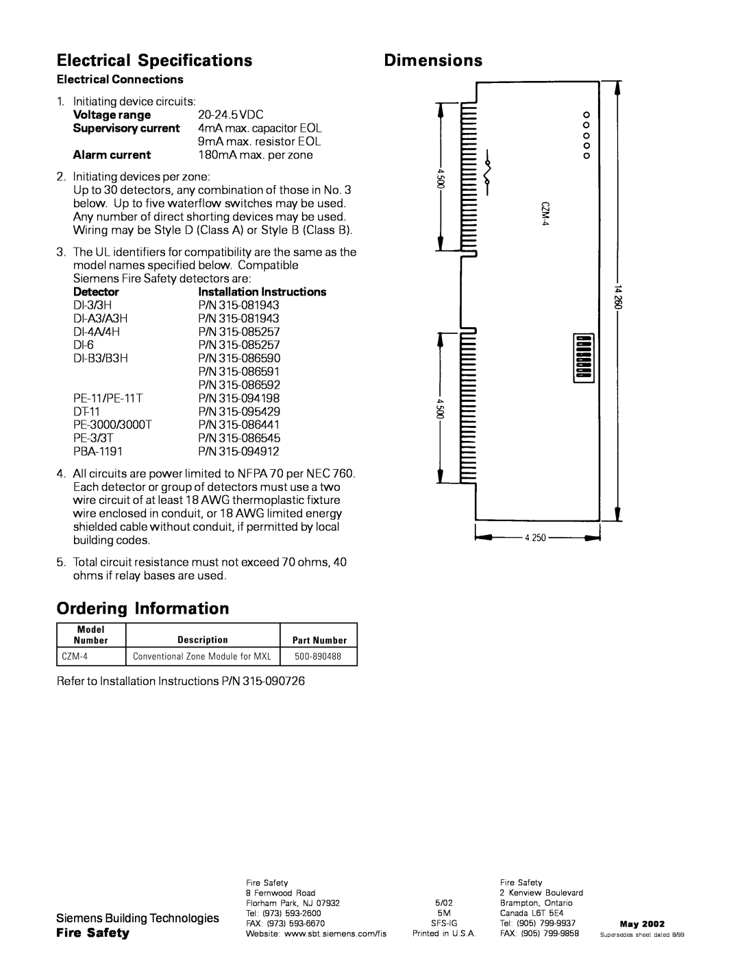 Siemens CZM-4 Electrical Specifications, Ordering Information, Dimensions, Electrical Connections, Voltage range, Detector 