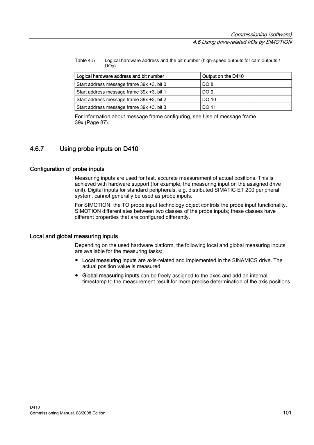 Siemens appendix Using probe inputs on D410, Configuration of probe inputs, Local and global measuring inputs 