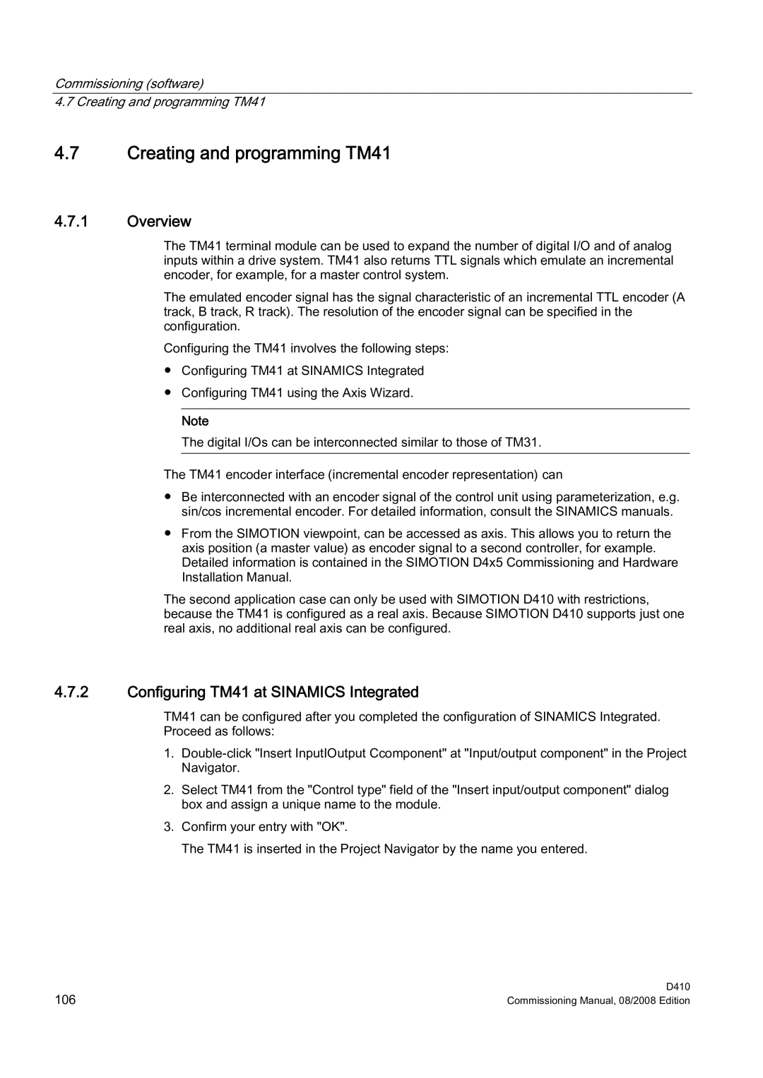 Siemens D410 appendix Creating and programming TM41, Configuring TM41 at Sinamics Integrated 