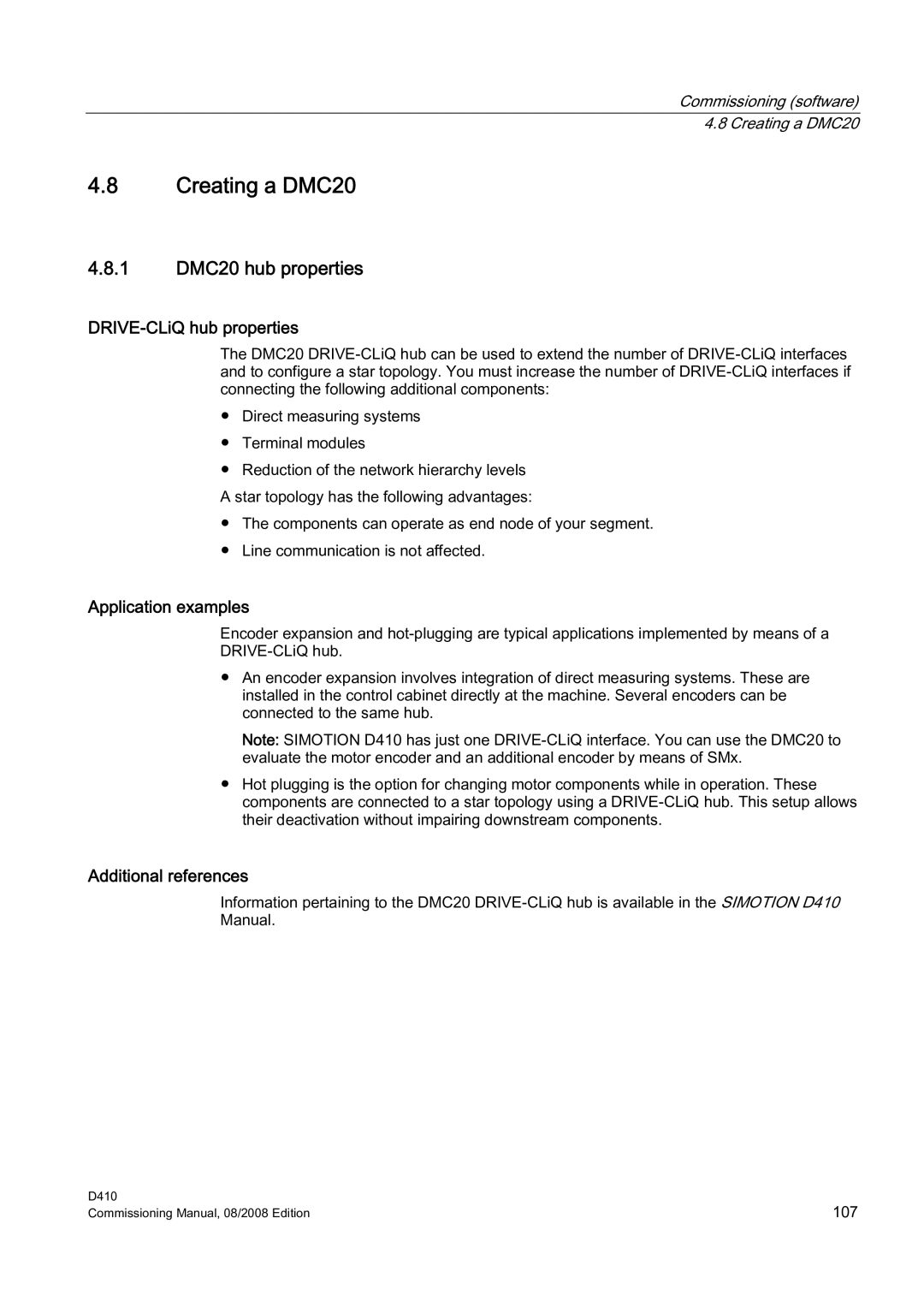 Siemens D410 appendix Creating a DMC20, 1 DMC20 hub properties, DRIVE-CLiQ hub properties, Application examples 