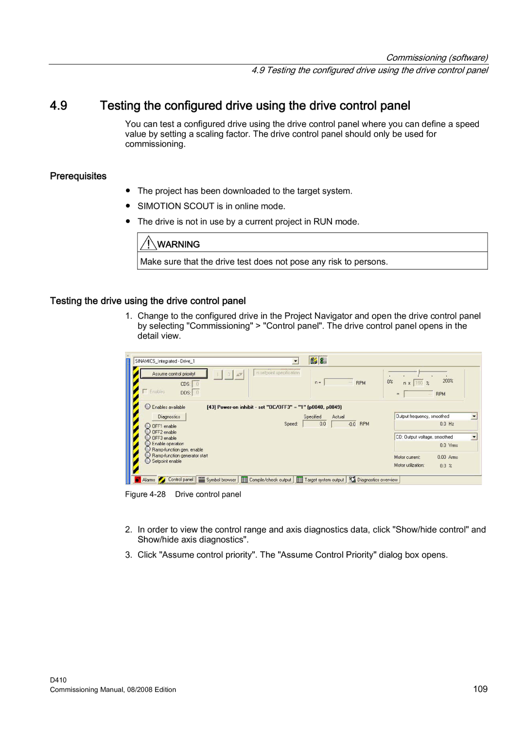 Siemens D410 Testing the configured drive using the drive control panel, Testing the drive using the drive control panel 