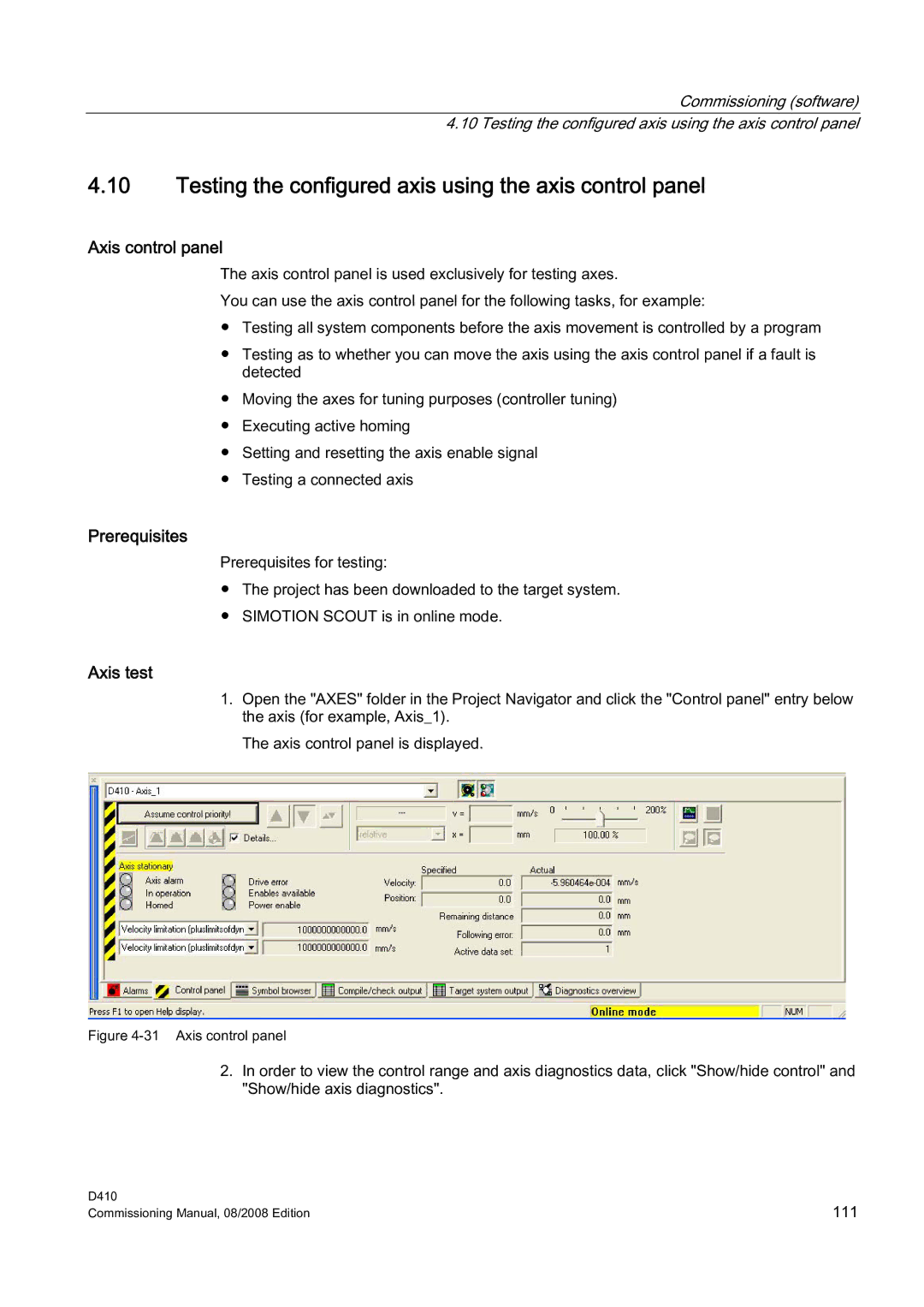 Siemens D410 appendix Testing the configured axis using the axis control panel, Axis control panel, Axis test 