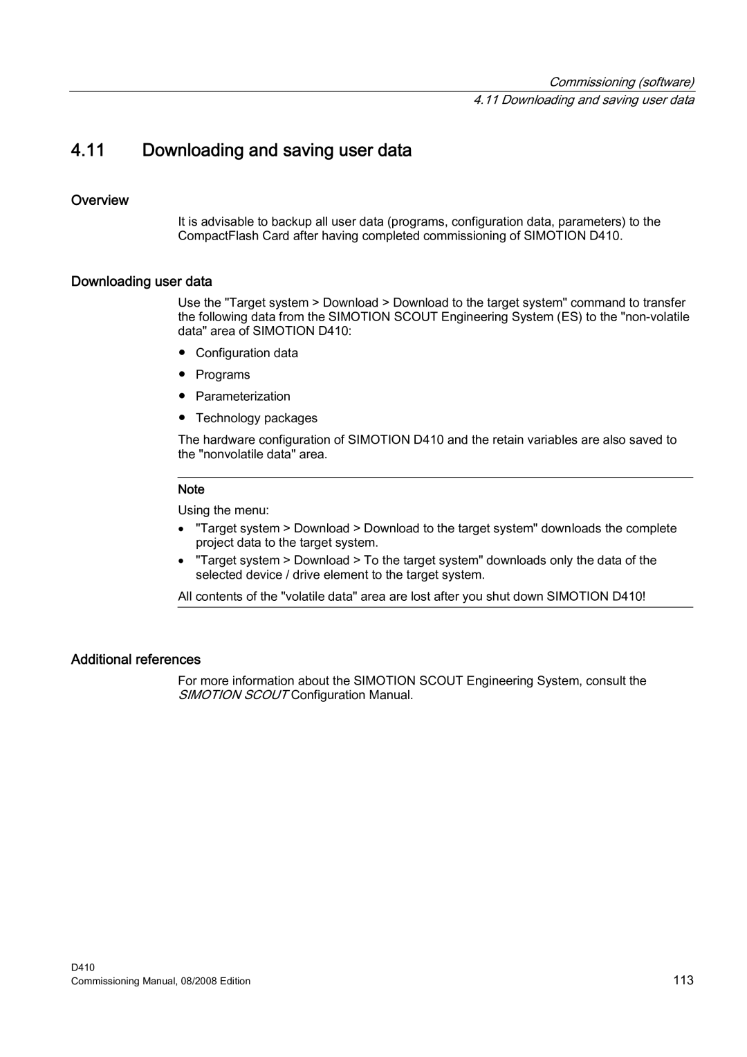 Siemens D410 appendix Downloading and saving user data, Downloading user data 