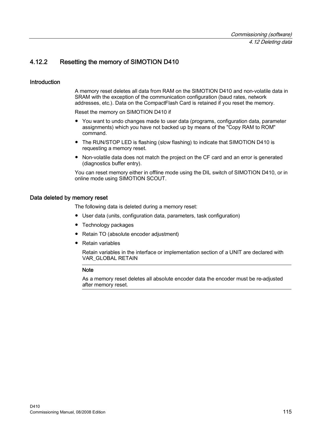 Siemens appendix Resetting the memory of Simotion D410, Data deleted by memory reset 