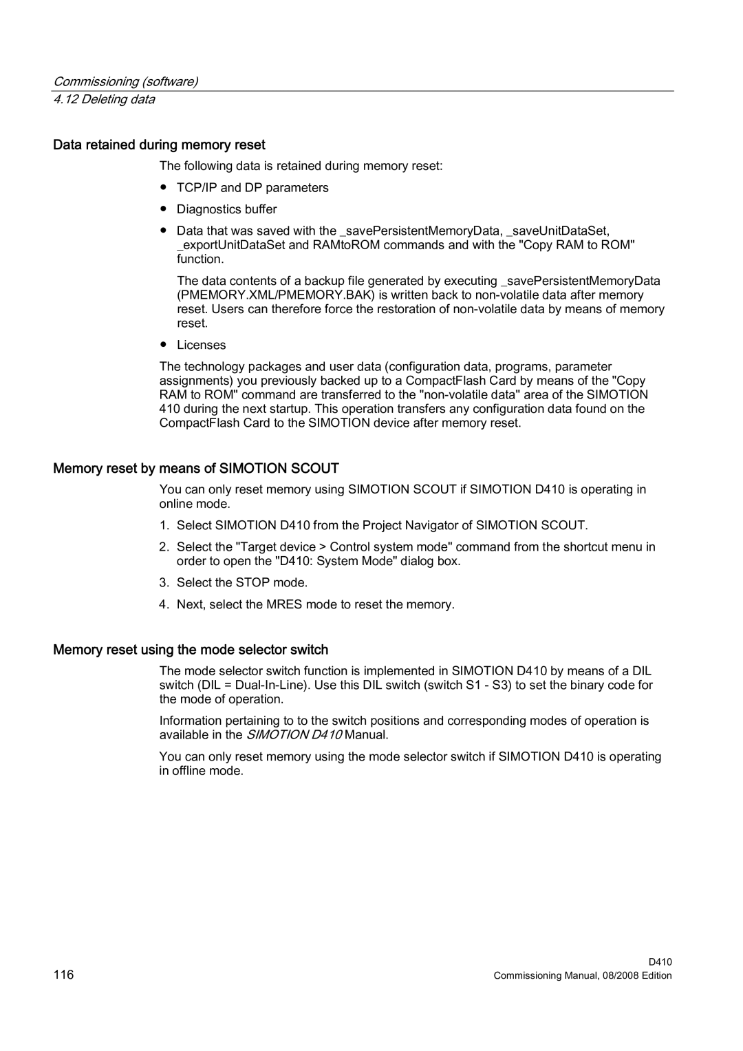 Siemens D410 appendix Data retained during memory reset, Memory reset by means of Simotion Scout 